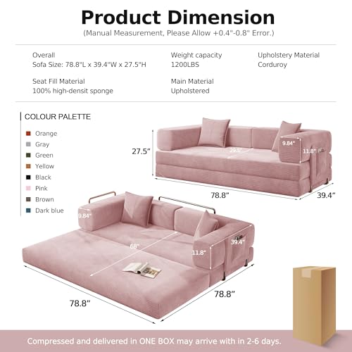 78.8'' Sleeper Couch Bed for Livingroom,Convertible Modular Sofa with Armrest Pillow,Modular Foldable Corduroy Couches in a Box,No Assembly (Pink)