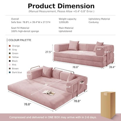 78.8'' Sleeper Couch Bed for Livingroom,Convertible Modular Sofa with Armrest Pillow,Modular Foldable Corduroy Couches in a Box,No Assembly (Pink)
