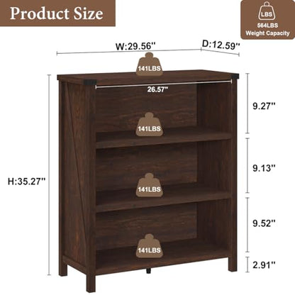 Small 3 Tier Bookshelf, Short Wood Bookcase, Brown Cherry, 36", view 3