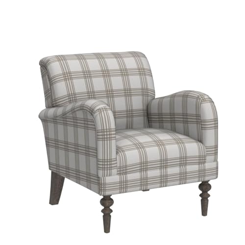 Farmhouse Accent Chair with Plaid Pattern, Tan | Comfy Upholstered Armchair with Solid Wood Legs, Curved Armrests, for Living Room Bedroom Reading Relaxation
