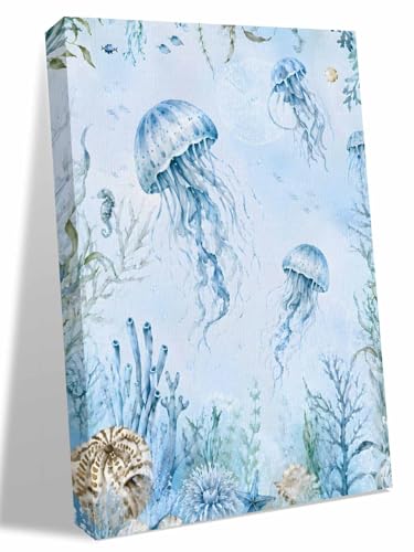 NuYeBiofx Summer Marine Life Jellyfish Canvas Wall Art Prints,30"x20" Framed Picture Artwork Coastal Starfish Corals Printed Canvas Oil Painting for Living Room Bedroom Office,Ready to Hang