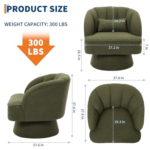 Modern Swivel Barrel Accent Chair, 360° Teddy Fabric Upholstered Armchair with Striped Backrest & Plush Padding, Comfy Round Lounge Chair for Living Room, Bedroom, Reading Nook, Green
