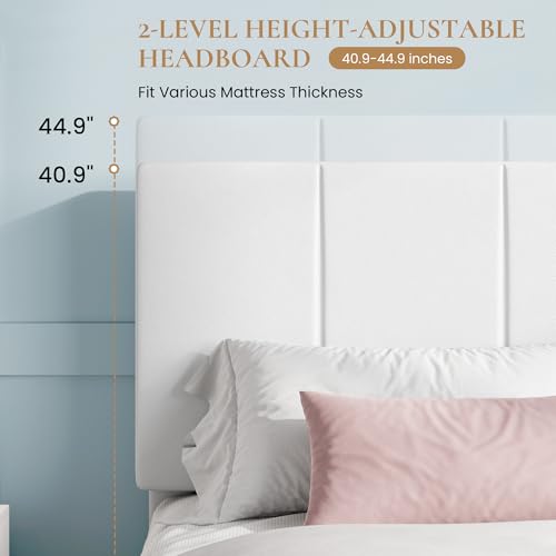 Queen Size Bed Frame, Velvet Upholstered Platform Bed, White, view 6