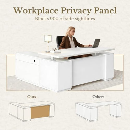 70 Inch Executive Standing Desk with File Cabinet, L Shaped Electric Height Adjustable Desk with AC/USB and Privacy Panel, Computer Corner Table for Home Office, White