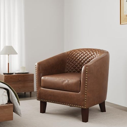 Accent Barrel Chair, Upholstered Faux Leather Club Chair with Nailed Trim, Comfy Reading Armchair for Living Room Bedroom Reception Room Office (Brown, Set of 4)