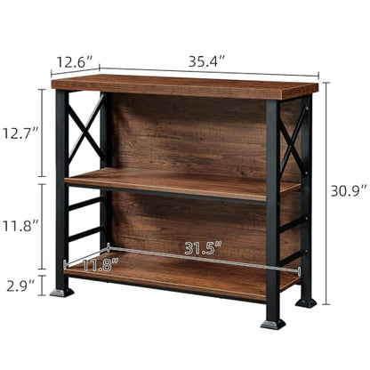 3-Tier Small Bookshelf, 35.4 Inch Short Book Shelf with Sturdy Metal Frame & Wood Shelves, Rustic Brown Industrial Bookcase for Living Room, Bedroom, Office