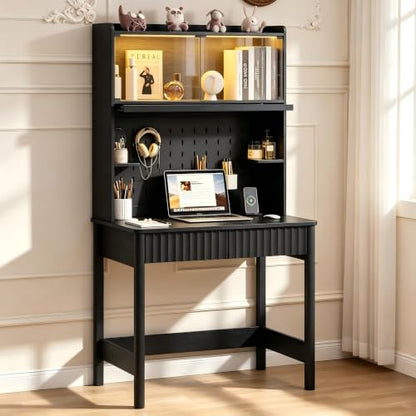 31.5" LED Study Desk with Hutch,Outlets,Reading Lights, view 2