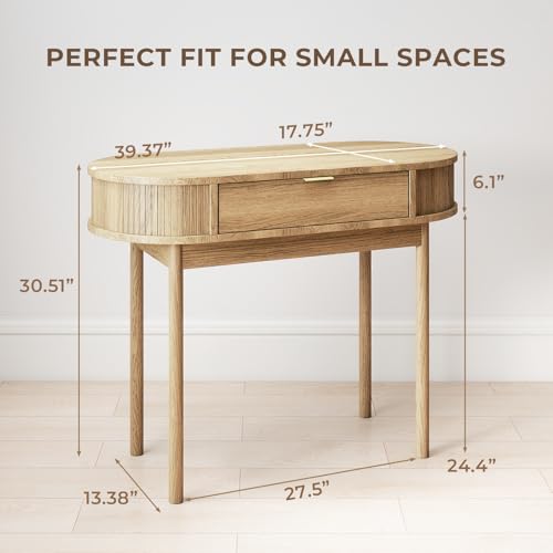 Writing Desk with Drawer, 39" Small Computer Desk with Fluted Design, view 3