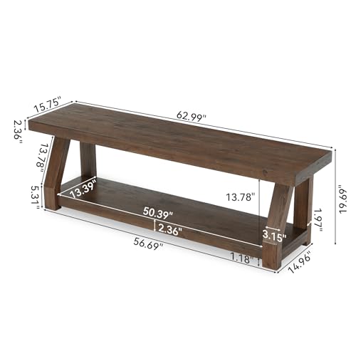 63" Solid Wood TV Stand, 2-Tier Media Console with Open Storage, view 4
