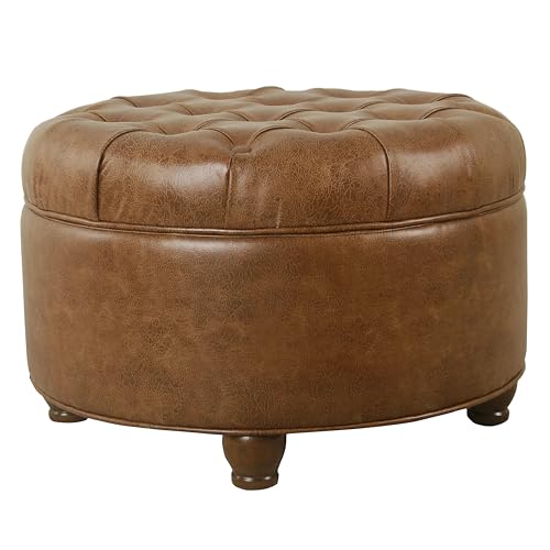 25" Button Tufted Round Storage Ottoman - Brown Faux Leather