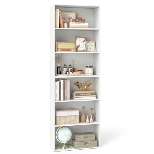 6-Tier Bookcase, 70” Tall Freestanding Bookshelf with 6 Open Shelves, Anti-Toppling Kits, Floor Display Storage Organizer for Living Room, Study, Kitchen, Home & Office (White, 70" H)