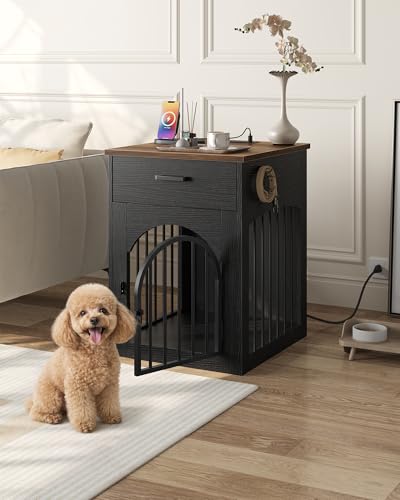 Dog Crate Furniture, Wooden Dog Kennel with Charging Station and Storage Drawer, view 3