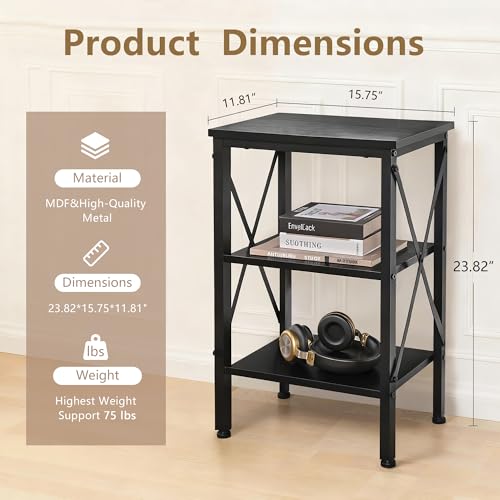 End Table Set of 2, Bedside Table, 24" Tall Living Room End Tables, X-Design Reinforced Nightstands, Side Table with 3-Tier Storage Shelves for Small Spaces, Office, Bedroom, Classic Black