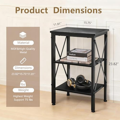 End Table Set of 2, Bedside Table, 24" Tall Living Room End Tables, X-Design Reinforced Nightstands, Side Table with 3-Tier Storage Shelves for Small Spaces, Office, Bedroom, Classic Black