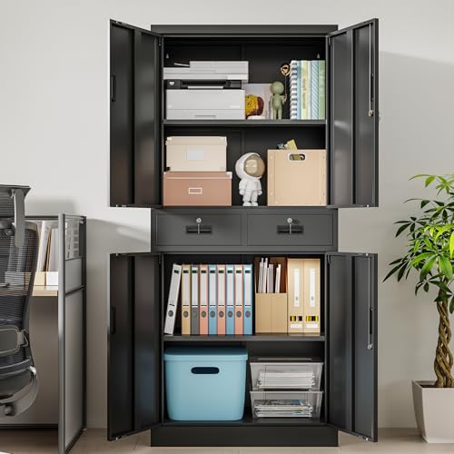 Metal Storage Cabinet, 71" Locking Storage Cabinet with Adjustable Shelves and 2 Drawers, Steel Cabinets for Office, Garage, Home, School, Utility Room(Black)