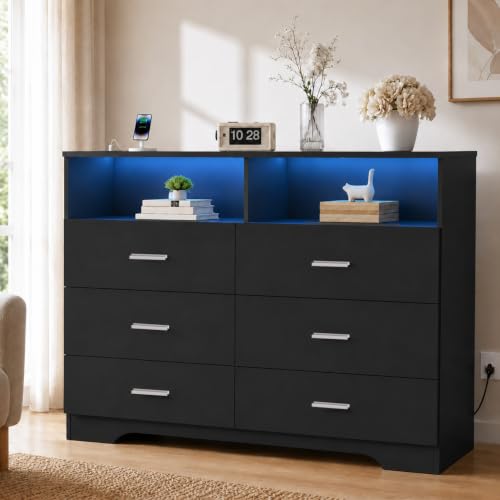 6 Drawer Dresser with Power Outlets and LED Wooden Chest of Drawers with Large, view 7