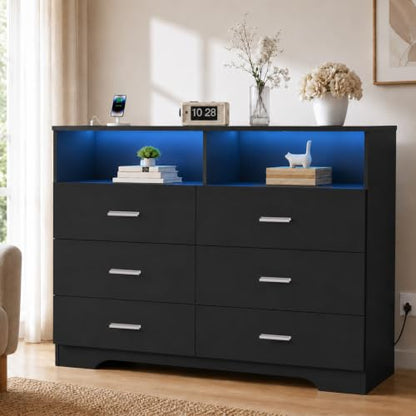 6 Drawer Dresser with Power Outlets and LED Wooden Chest of Drawers with Large, view 7