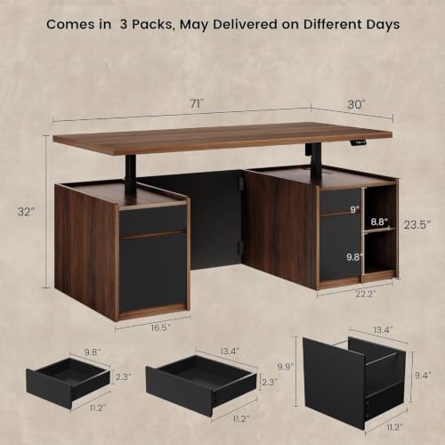 71" Executive Electric Standing Desk with 3 Drawers & Storage, view 3