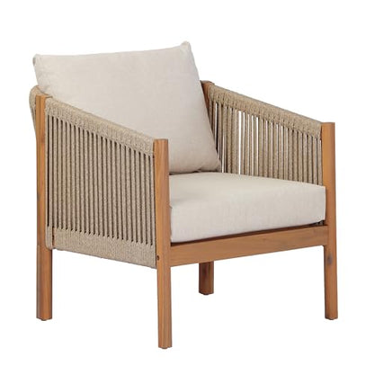 Bubi Acacia Wood Lounge Chair Outdoor with Cushion, Solid Wood Patio Accent Chair with Woven Rope Accents, Patio Furniture Set Sofa Chair, Teak+Beige