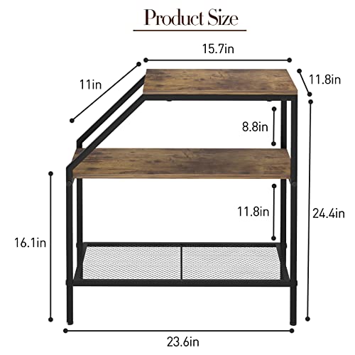 End Table 3 Tiers Shelf Rustic Brown Wood Industrial Accent Decorative Sofa Side Table Modern Trapezoid Accent Furniture Living Room Bed Room for Small Place