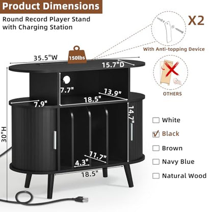 Large Round Record Player Stand with Charging Station, view 3