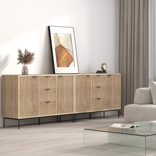 Sideboard Buffet Cabinet with Storage, Modern Fluted Cabinet with 2 Doors 3 Drawers, Coffee Bar Accent Storage Credenza, for Kitchen, Living, Dinning Room, Oak