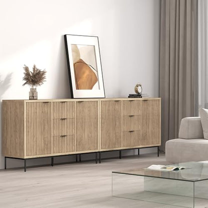 Sideboard Buffet Cabinet with Storage, Modern Fluted Cabinet with 2 Doors 3 Drawers, Coffee Bar Accent Storage Credenza, for Kitchen, Living, Dinning Room, Oak