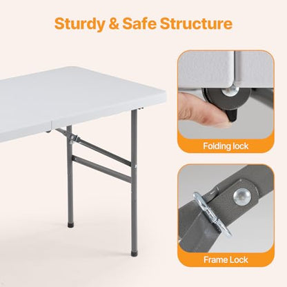 4 FT Foldable Table Easy to Fold and Store, Folding Picnic Table for Picnic Camping Kitchen Dining Party Outdoor Indoor with Carrying Handle, White