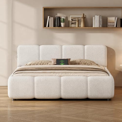 Queen Size Cloud Boucle Upholstered Platform Bed Frame w/USB Ports, view 4