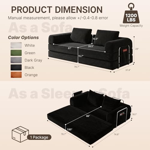 78" Convertible Sofa Bed, Corduroy Futon Couch with Storage Pocket, Boneless Pull Out Sleeper Sofa, Foldable Couch for Living Room Bedroom, No Assembly Space Saver, Black
