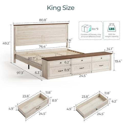 Farmhouse King Bed with Headboard and Storage Bench, Antique White, view 3