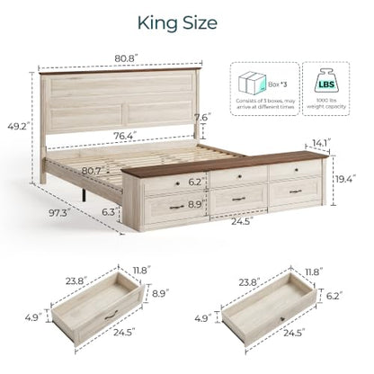 Farmhouse King Bed with Headboard and Storage Bench, Antique White, view 3