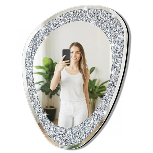 Modern Irregular Shaped Wall Mirror – 32x23.5 Inch Decorative Oval Diamond Decor Mirror for Living Room, Bedroom, Bathroom, Entryway