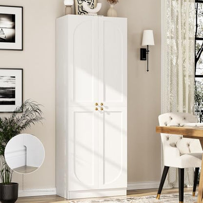 80" Storage Cabinet, Tall Arched Bookcase with 4 Soft Close Doors, 6-Tier Wooden Pantry with Adjustable Shelves, Seamless Fit Wall for Home Office, Living Room, Kitchen (White)
