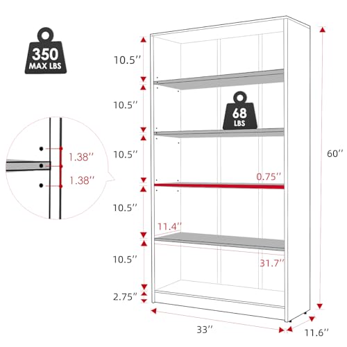 60" Tall Bookcase, 5-Tier Wood Bookshelf with Adjustable Shelves, Free-Standing Display Storage Rack for Home Office Living Room, Mahogany