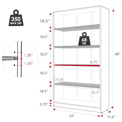 60" Tall Bookcase, 5-Tier Wood Bookshelf with Adjustable Shelves, Free-Standing Display Storage Rack for Home Office Living Room, Mahogany
