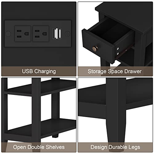Black End Table Set of 2, Sofa Side Table Living Room with Charging Station,Narrow Night Stand with USB Ports & Power Outlets and Hidden Drawer