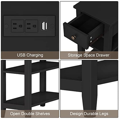 Black End Table Set of 2, Sofa Side Table Living Room with Charging Station,Narrow Night Stand with USB Ports & Power Outlets and Hidden Drawer