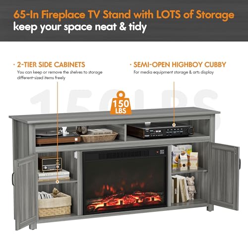 Farmhouse Fireplace TV Stand for TVs up to 65+ Inch, Gray Wash, view 5