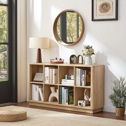 8 Cube Storage Book Shelf, 52" Long Horizontal Bookshelf with Curved Edge, Floor Standing Wooden Cubby Bookcase with Base, Modern Low Console Book Case, TV Stand for Living Room, Natural Oak