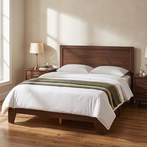 Queen Size Bed Frame, Mid-Century Modern Platform Bed with Headboard, view 4