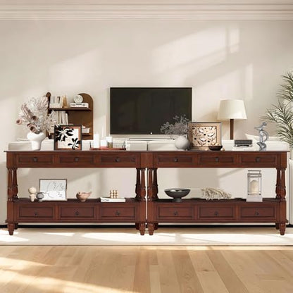 54'' Solid Wood Console Table, Farmhouse Entryway Table with 6 Drawers and Shelf, Narrow Long Sofa Table with Storage for Living Room Hallway, Couch, Foyer (Cherry)