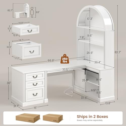 67" L Shaped Desk with Tall Arched Bookshelf & 3 Drawers Storage, view 3