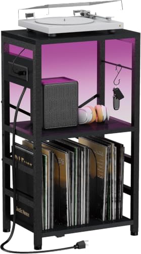 End Table with LED Light, Record Player Stand with Charging Station, view 2
