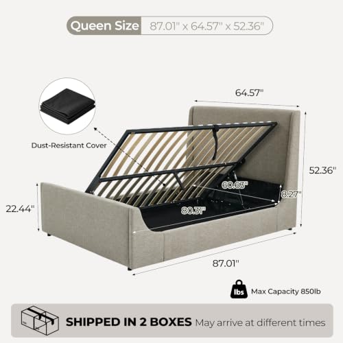 Queen Size Lift Up Storage Bed Frame, Tall Headboard, Sleigh Bed, view 4