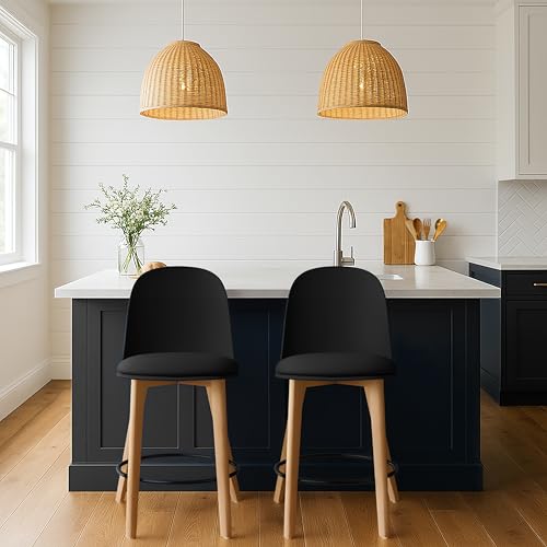Set of 2 Counter Height Barstools | Mid Century Modern PU Leather Padded Seat | Solid Wood Legs with Round Metal Footrest | Kitchen Island Bar Chair | Non-Slip Feet, Black