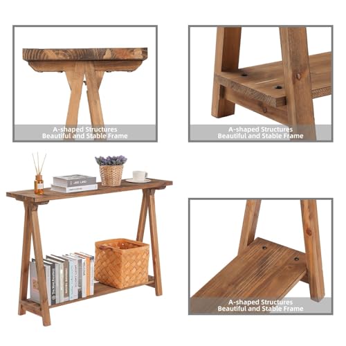 43" Solid Wood Farmhouse Console Table for Living Room, Natural | Rustic Hallway Stand for Entryway, 2-Tier Sofa Storage Unit