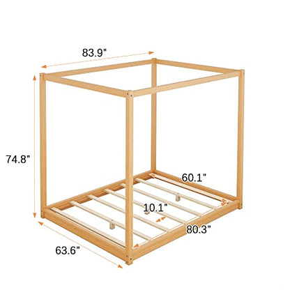 Queen Canopy BedFrame, Montessori Floor Bed, Canopy Platform Bed for Kids, view 3