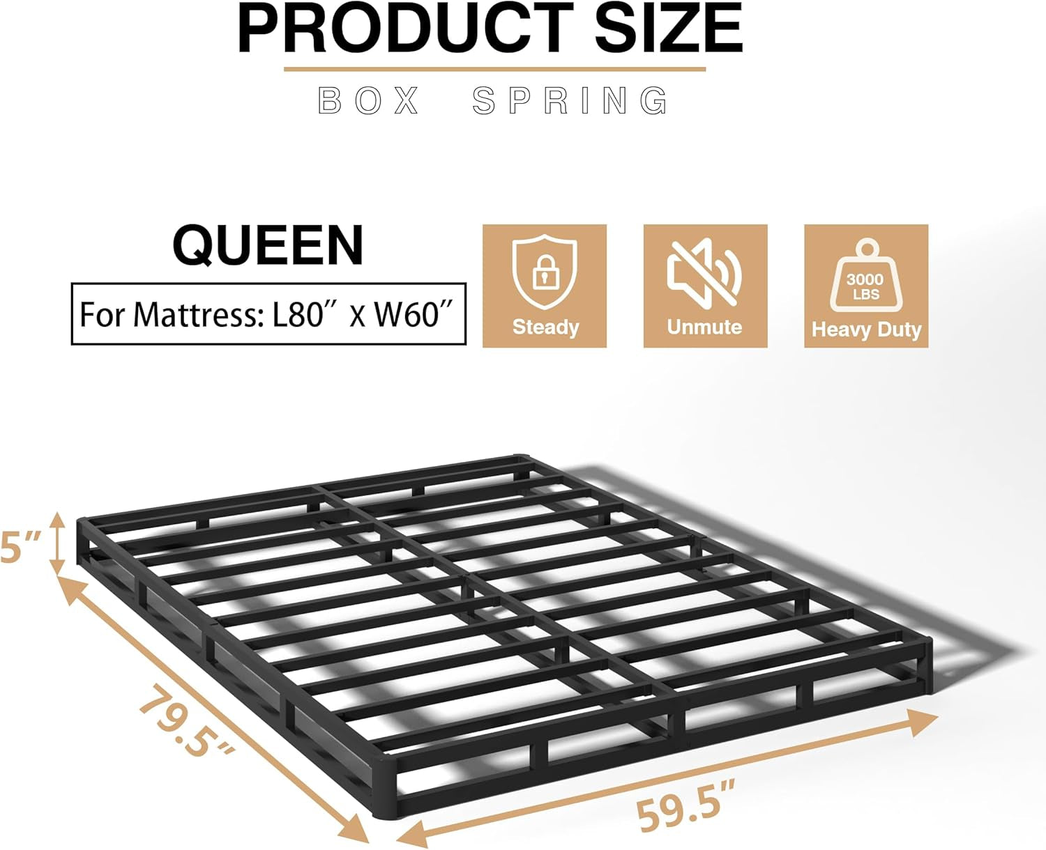 5 Inch Box Spring for Queen Bed, Heavy Duty Metal Mattress Foundation, 3000 Lbs Capacity, Low Profile, Noise-Free, Easy Assembly with Fabric Cover