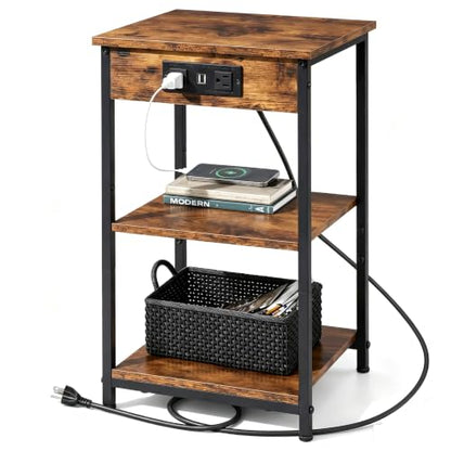 End Table with Charging Station, Small Night Stand with Storage Adjustable Shelf, Side Tables for Small Spaces, Bedside Tables for Living Room, Bedroom, Rustic Brown
